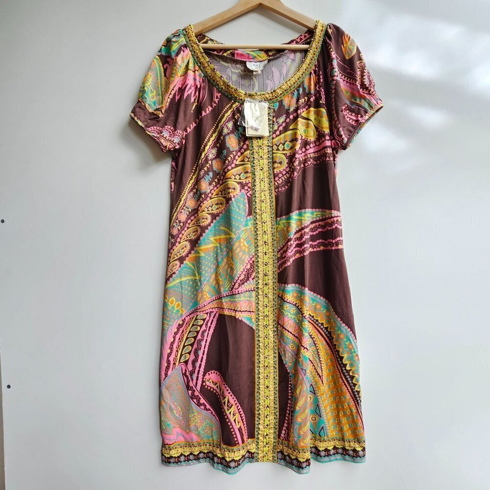 NWT Eci New York Paisley Print Short Sleeve Dress, Boho Hippy, Size Medium